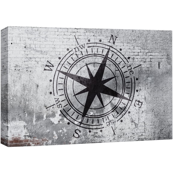 wall26 Canvas Print Wall Art Compass on Gritty Gray City Brick Wall Abstract Shapes Digital Art Graffiti &amp; Street Art Bohemian Scenic Urban Cityscape for Living Room, Bedroom, Office - 12"x1