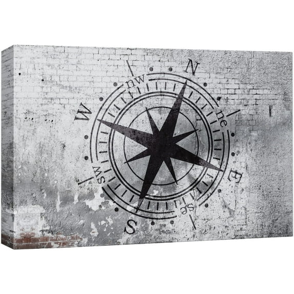 wall26 Canvas Print Wall Art Compass on Gritty Gray City Brick Wall Abstract Shapes Digital Art Graffiti & Street Art Bohemian Scenic Urban Cityscape for Living Room, Bedroom, Office - 12"x1