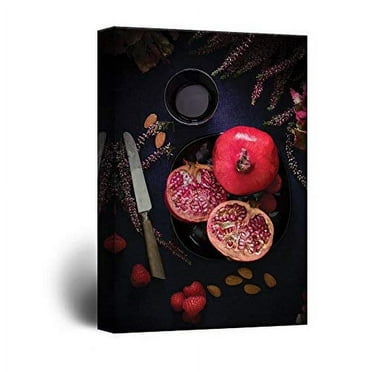 wall26 Canvas Print Wall Art Cut Pomegranates with Almonds and Raspberries Fruit Food Photography Realism Chic Scenic Colorful Multicolor Ultra for Living Room, Bedroom, Office - 12&quot;x18&quot;