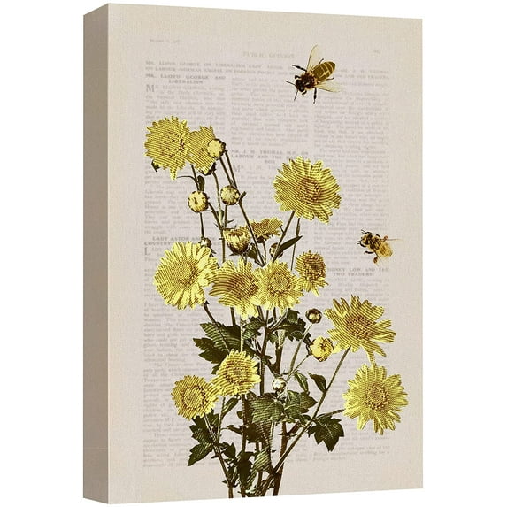 wall26 Canvas Print Wall Art Daisies Flowers with Bees and Newspaper Print Floral Botanical Digital Art Modern Chic Scenic Colorful for Living Room, Bedroom, Office - 16"x24"