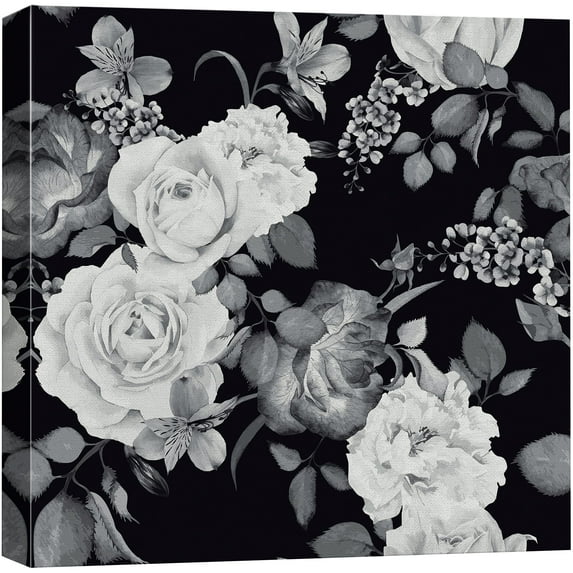 wall26 Canvas Print Wall Art Dark Grayscale Watercolor Roses &amp; Leaves Floral Botanical Illustrations Modern Art Rustic Scenic Colorful Farmhouse/Country for Living Room, Bedroom, Office - 24&quot