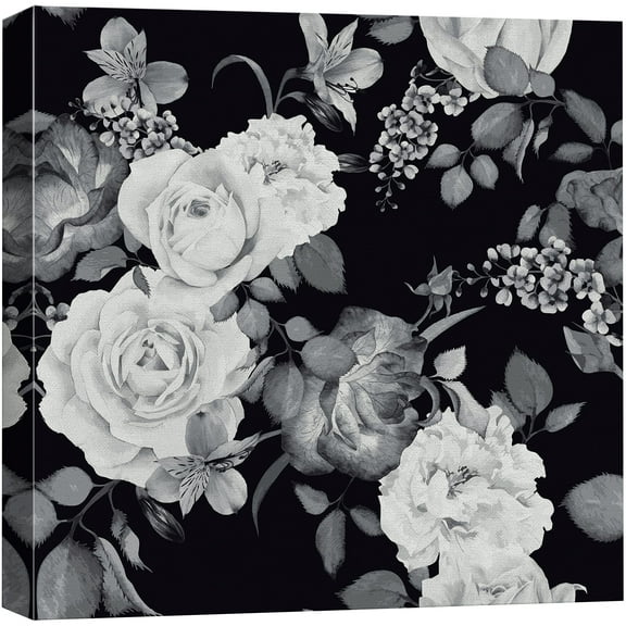 wall26 Canvas Print Wall Art Dark Grayscale Watercolor Roses &amp; Leaves Floral Botanical Illustrations Modern Art Rustic Scenic Colorful Farmhouse/Country for Living Room, Bedroom, Office - 24&quot