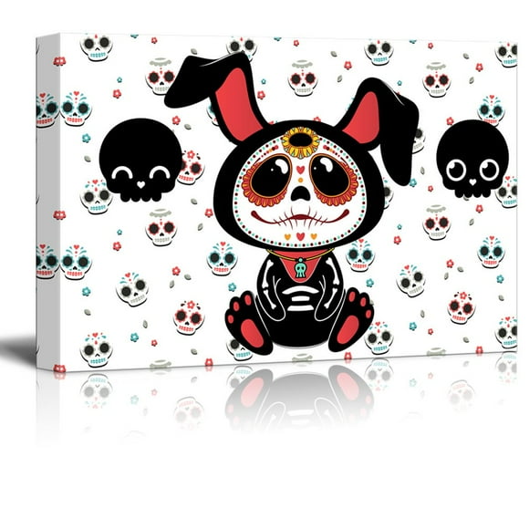 wall26 - Canvas Print Wall Art - Day of The Dead (Dia De Los Muertos) Style Bunny with Skulls Background - Gallery Wrap Modern Home Art | Ready to Hang - 24x36 inches