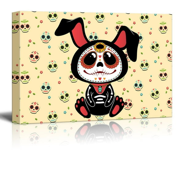 wall26 - Canvas Print Wall Art - Day of The Dead (Dia De Los Muertos) Style Bunny with Skulls Background - Gallery Wrap Modern Home Art | Ready to Hang - 32x48 inches