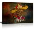thumbnail image 1 of wall26 - Canvas Print Wall Art - Day of The Dead (Dia De Los Muertos) Themed Skull with a Hat and Flowers - Gallery Wrap Modern Home Art | Ready to Hang - 24x36 inches, 1 of 4