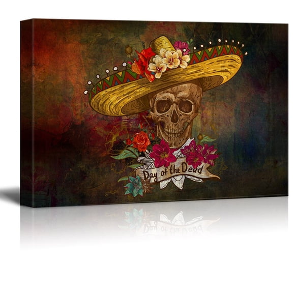 wall26 - Canvas Print Wall Art - Day of The Dead (Dia De Los Muertos) Themed Skull with a Hat and Flowers - Gallery Wrap Modern Home Art | Ready to Hang - 32x48 inches