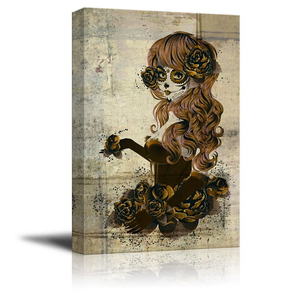 wall26 - Canvas Print Wall Art - Day of The Dead (Dia De Los Muertos) Themed Art Vintage Sugar Skull Girl with Roses - Gallery Wrap Modern Home Art | Ready to Hang - 12x18 inches