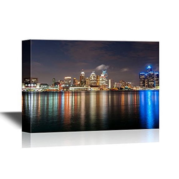 wall26 Canvas Print Wall Art Detroit, Michigan City Night Skyline Architecture & Maps Cityscape Photography Realism Global Scenic Colorful Multicolor for Living Room, Bedroom, Office - 24"x3