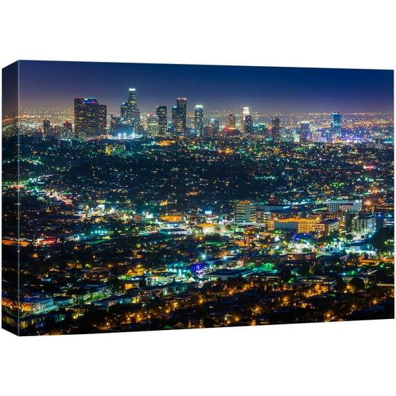wall26 Canvas Print Wall Art Downtown Los Angeles Night Skyline Architecture & Maps Cityscape Photography Realism Global Scenic Colorful Multicolor for Living Room, Bedroom, Office - 16"x24&