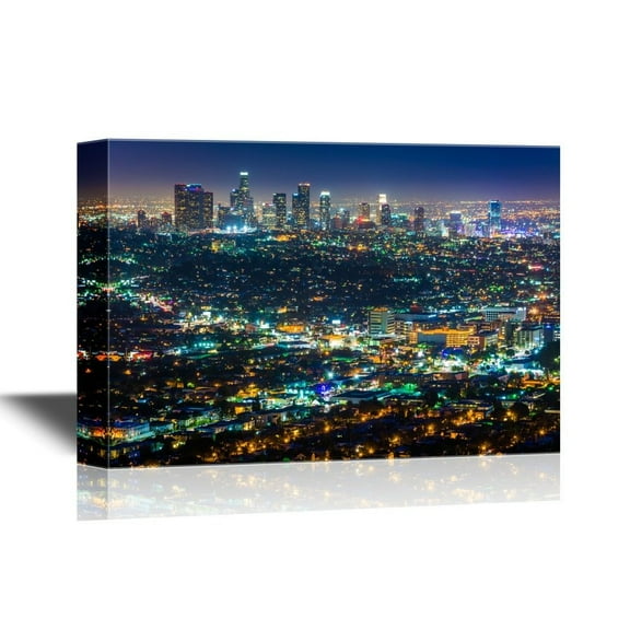 wall26 Canvas Print Wall Art Downtown Los Angeles Night Skyline Architecture &amp; Maps Cityscape Photography Realism Global Scenic Colorful Multicolor for Living Room, Bedroom, Office - 24"x36&
