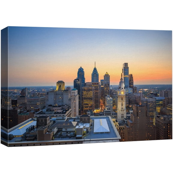 wall26 Canvas Print Wall Art Downtown Philadelphia Skyline at Sunset Architecture & Maps Cityscape Photography Realism Global Scenic Colorful Multicolor for Living Room, Bedroom, Office - 12"