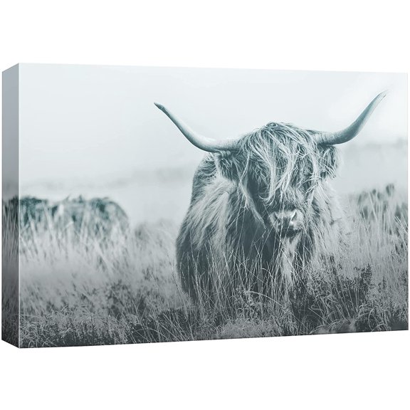 wall26 Canvas Print Wall Art Duotone Gray Monochrome Ox in Field Animals Wilderness Photography Realism Rustic Scenic Relax/Calm Multicolor for Living Room, Bedroom, Office - 12"x18"