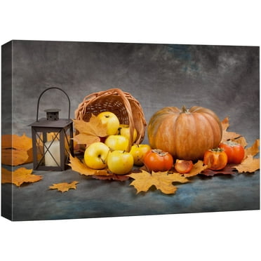 wall26 Canvas Print Wall Art Fall Autumn Pumpkin, Apple &amp; Tomato Harvest Nature Wilderness Photography Realism Rustic Scenic Colorful Multicolor for Living Room, Bedroom, Office - 12&quot;x18&quo