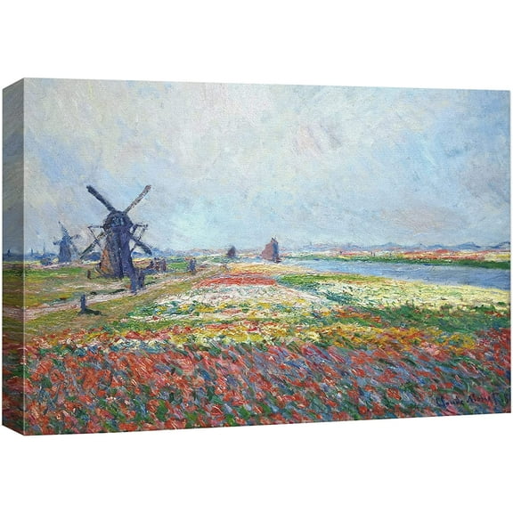 wall26 Canvas Print Wall Art Fields of Flowers &amp; Windmills Claude Monet Nature Illustrations Fine Art Decorative Landscape Multicolor Wilderness Rustic for Living Room, Bedroom, Office - 32"
