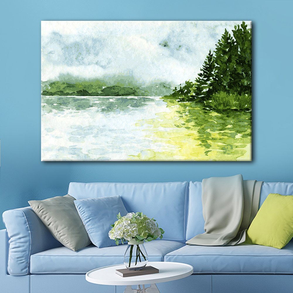 wall26 Canvas Print Wall Art Forest Reflection in The Lake Nature  Wilderness Watercolor Modern Art Rustic Scenic Colorful Multicolor Cool Zen  for Living Room, Bedroom, Office 24quot;x36quot;