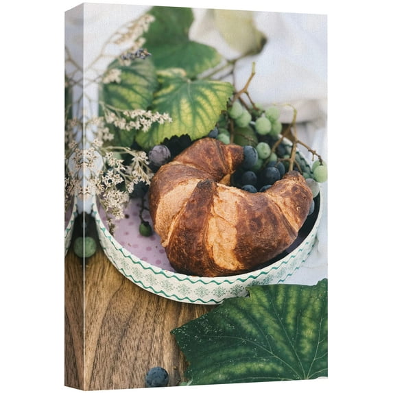 wall26 Canvas Print Wall Art French Croissant Platter with Grapes Fruit Food Photography Realism Chic Scenic Colorful Multicolor Ultra for Living Room, Bedroom, Office - 32"x48"