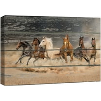 wall26 Canvas Print Wall Art Galloping White, Brown & Black Horses Animals Wildlife Wood Panels Photography Rustic Scenic Colorful Multicolor Cool Zen for Living Room, Bedroom, Office - 32"x