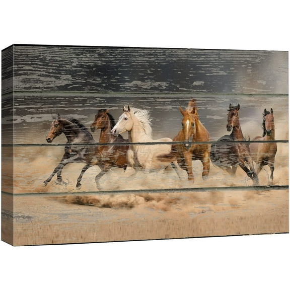 wall26 Canvas Print Wall Art Galloping White, Brown &amp; Black Horses Animals Wildlife Wood Panels Photography Rustic Scenic Colorful Multicolor Cool Zen for Living Room, Bedroom, Office - 32"x