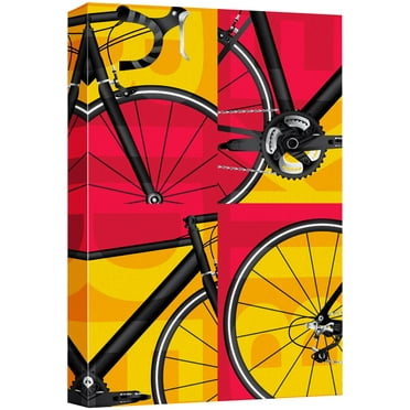 wall26 Canvas Print Wall Art Geometric Vibrant Red &amp; Yellow Bike Close Up Sports Athletes Digital Art Modern Art Rustic Scenic Urban Exercise Colorful for Living Room, Bedroom, Office - 16&quot;x