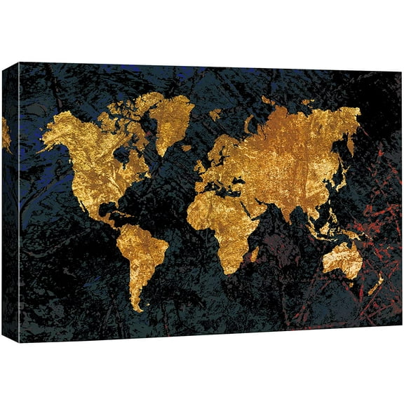 wall26 Canvas Print Wall Art Gold Foil Dark World Map Architecture & Maps Places Illustrations Modern Art Global Scenic Fun Multicolor for Living Room, Bedroom, Office - 24"x36"