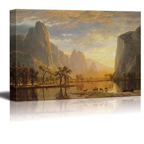 wall26 Canvas Print Wall Art Golden Hour Over Mountain Landscape &amp; Deer Nature Wilderness Illustrations Modern Art Rustic Scenic Colorful Multicolor for Living Room, Bedroom, Office - 16"x24