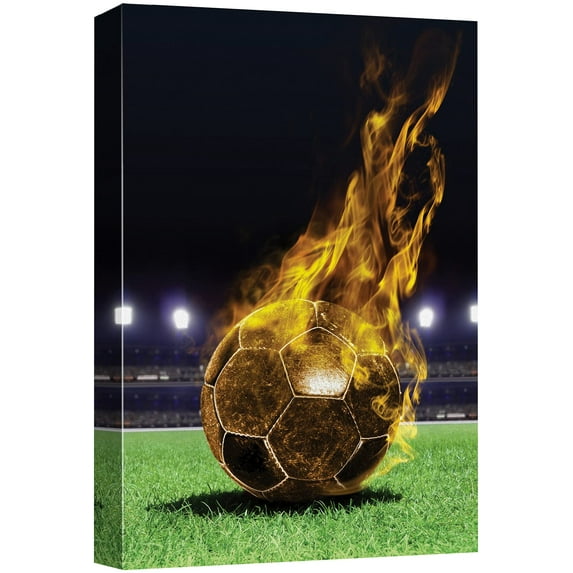 wall26 Canvas Print Wall Art Golden Soccer Ball on Fire Sports Athletes Photography Realism Contemporary Scenic Urban Multicolor Ultra for Living Room, Bedroom, Office - 16"x24"