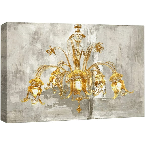 wall26 Canvas Print Wall Art Gray Paint Stroke Fancy Gold Chandelier Decorative Lights Digital Art Realism Stylish Zen Chic Contemporary Boho Relax/Calm for Living Room, Bedroom, Office - 32"x48