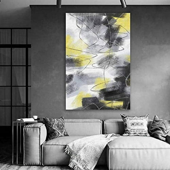 wall26 Canvas Print Wall Art Gray, Yellow &amp; Black Watercolor Paint Strokes Abstract Shapes Illustrations Modern Art Decorative Elements Colorful Multicolor for Living Room, Bedroom, Office - 16&q