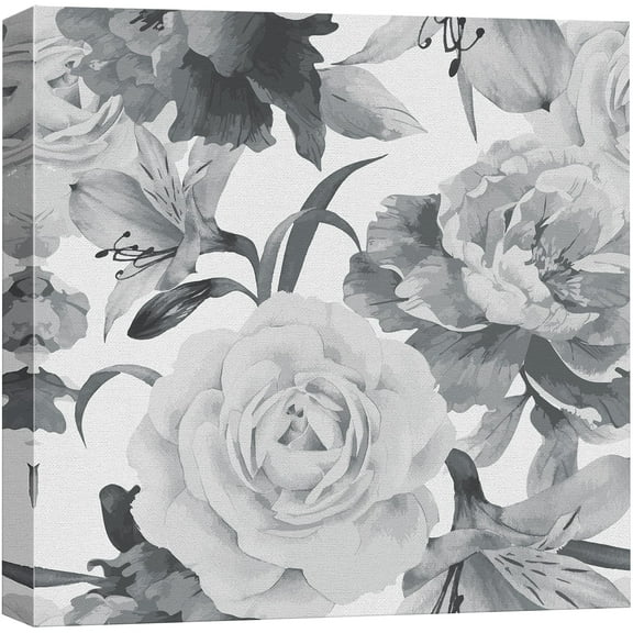 wall26 Canvas Print Wall Art Grayscale Lily &amp; Rose Collage Floral Botanical Illustrations Modern Art Rustic Scenic Colorful Farmhouse/Country for Living Room, Bedroom, Office - 16"x16"