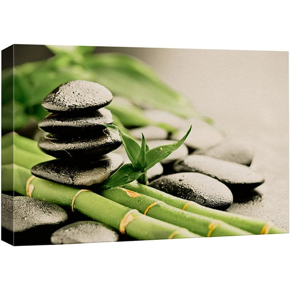 wall26 Canvas Print Wall Art Green Zen Bamboo Jungle Forest Black Beach Pebble Nature Wilderness Photography Realism Rustic Landscape Colorful Multicolor for Living Room, Bedroom, Office - 24"x3