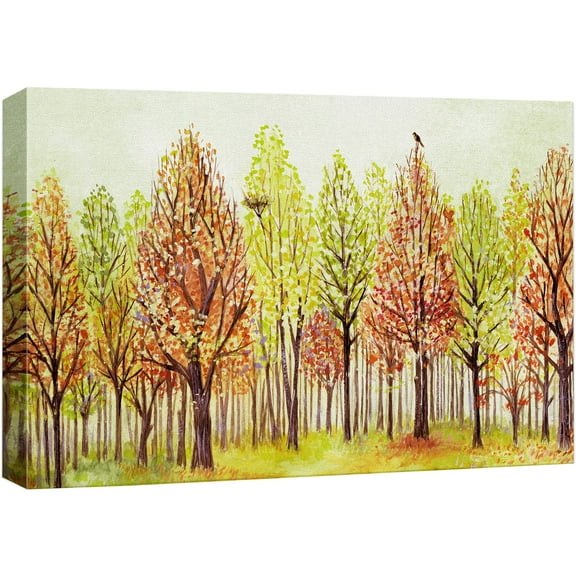 wall26 Canvas Print Wall Art Green &amp; Red Autumn Forest with Birds Nature Wilderness Watercolor Modern Art Rustic Scenic Colorful Multicolor Cool Zen for Living Room, Bedroom, Office - 24"x36