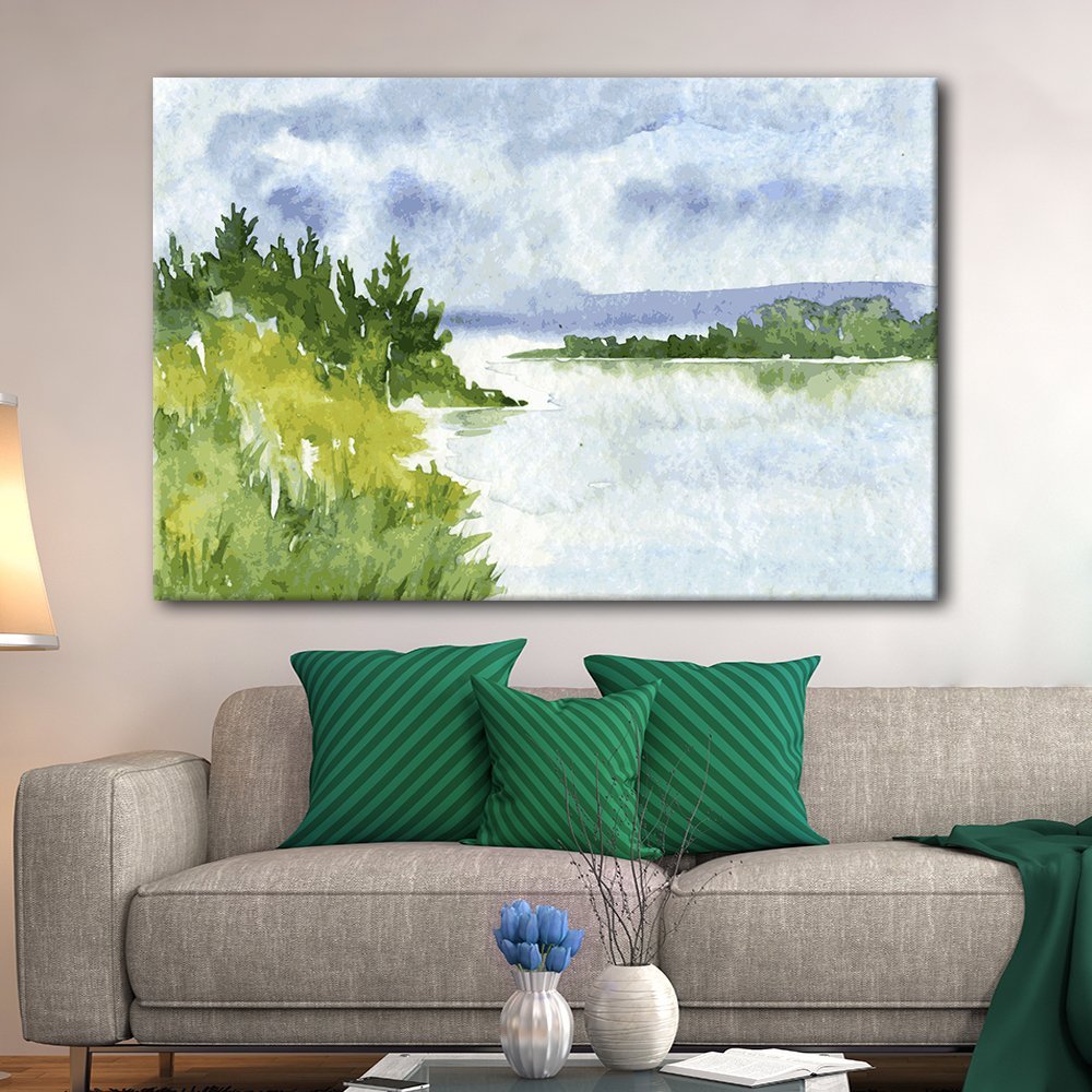 wall26 Canvas Print Wall Art Greenery on The Lake Marsh Nature Wilderness  Watercolor Modern Art Rustic Scenic Colorful Multicolor Cool Zen for Living  Room, Bedroom, Office 32quot;x48quot;