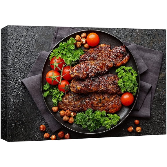 wall26 Canvas Print Wall Art Grille BBQ Sauce Steak Hazelnut Mushroom Food &amp; Cooking Kitchen Photography Realism Decorative Scenic Rustic Zen Calm Colorful for Living Room, Bedroom, Office - 16&q