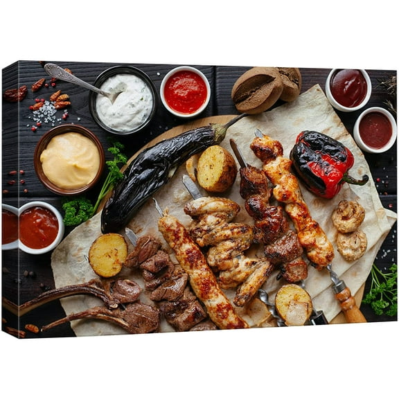 wall26 Canvas Print Wall Art Grilled Middle Eastern Meat Kebab Eggplant Food Cooking Kitchen Photography Realism Decorative Scenic Rustic Zen Calm Colorful for Living Room, Bedroom, Office - 32"