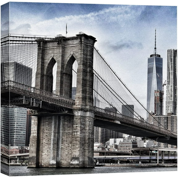 wall26 Canvas Print Wall Art High Contrast Brooklyn Bridge in New York Architecture &amp; Maps Cities Photography Realism Chic Scenic Relax/Calm Multicolor for Living Room, Bedroom, Office - 12"