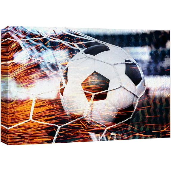 wall26 Canvas Print Wall Art High Contrast Red Sparks Soccer Ball Goal Sports & Fitness Athletes Photography Realism Boy's Bedroom Decorative Urban Rustic for Living Room, Bedroom, Office - 16&qu