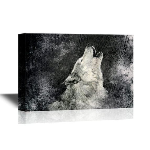 wall26 Canvas Print Wall Art Howling Wolf on Grunge Black Background Animals Wildlife Digital Art Realism Chic Scenic Colorful Nature Wilderness for Living Room, Bedroom, Office - 24"x36"