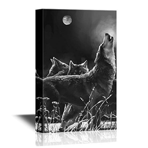 wall26 Canvas Print Wall Art Howling Wolf Trio on Winter Night Animals Wildlife Digital Art Realism Chic Scenic Colorful Nature Wilderness for Living Room, Bedroom, Office - 16"x24"