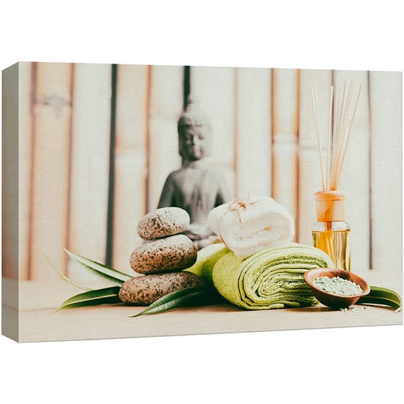 wall26 Canvas Print Wall Art Japanese Buddha Massage Stone Yoga Bamboo Zen Spa Nature Wilderness Photography Realism Rustic Landscape Colorful Multicolor for Living Room, Bedroom, Office - 16"x2