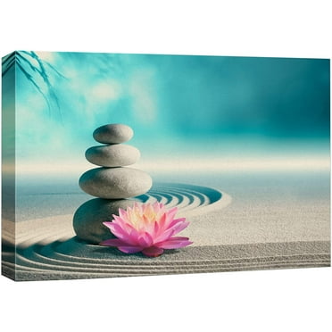 wall26 Canvas Print Wall Art Japanese Sand Garden Pink Water Lily Flower Stones Nature Wilderness Photography Realism Rustic Landscape Colorful Multicolor for Living Room, Bedroom, Office - 12&quot;x