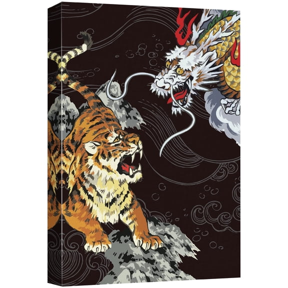 wall26 Canvas Print Wall Art Japanese Style Watercolor Tiger &amp; Dragon Animals Cultural Illustrations Pop Art Traditional Scenic Urban Vibrant Ultra for Living Room, Bedroom, Office - 32"x48&