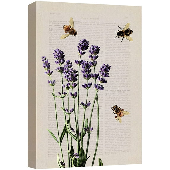wall26 Canvas Print Wall Art Lavender Flowers with Bees and Newspaper Print Floral Botanical Digital Art Modern Chic Scenic Colorful for Living Room, Bedroom, Office - 32"x48"