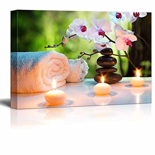 wall26 Canvas Print Wall Art Massage Stones, Candles & Orchid Flowers Floral Botanical Photography Realism Tropical Zen Colorful Multicolor Ultra for Living Room, Bedroom, Office - 24"x36&qu
