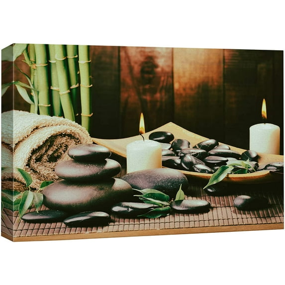 wall26 Canvas Print Wall Art Meditation Yoga Towel Bamboo Massage Stones Nature Wilderness Photography Realism Rustic Landscape Neon Colorful Multicolor for Living Room, Bedroom, Bathroom - 16"x
