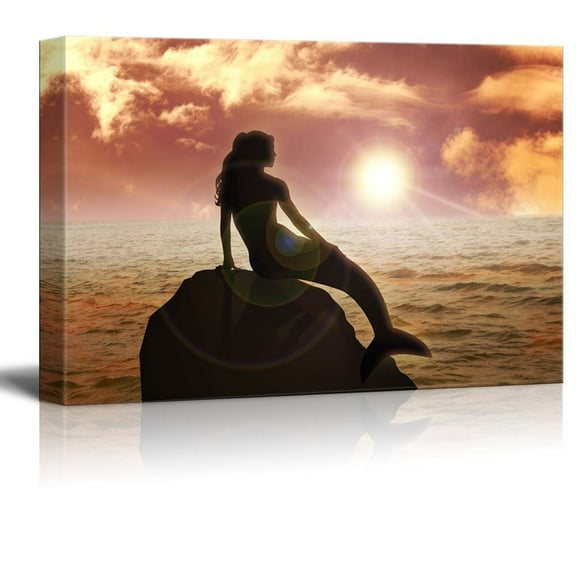 wall26 Canvas Print Wall Art Mermaid on a Rock at Sunset Fantasy &amp; Sci-Fi Ocean Illustrations Modern Art Nautical Scenic Colorful Ultra for Living Room, Bedroom, Office - 16"x24"
