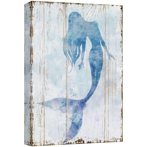 wall26 Canvas Print Wall Art Mermaid Swimming on Watercolor Wood Panels Fantasy &amp; Sci-Fi Ocean Illustrations Modern Art Rustic Scenic Relax/Calm Multicolor for Living Room, Bedroom, Office - 32&q
