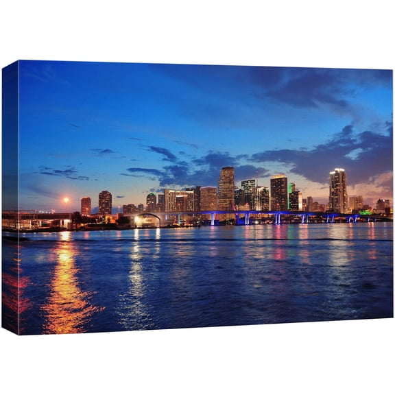 wall26 Canvas Print Wall Art Miami, Florida City Dusk Skyline Architecture &amp; Maps Cityscape Photography Realism Global Scenic Colorful Multicolor for Living Room, Bedroom, Office - 24"x36&qu