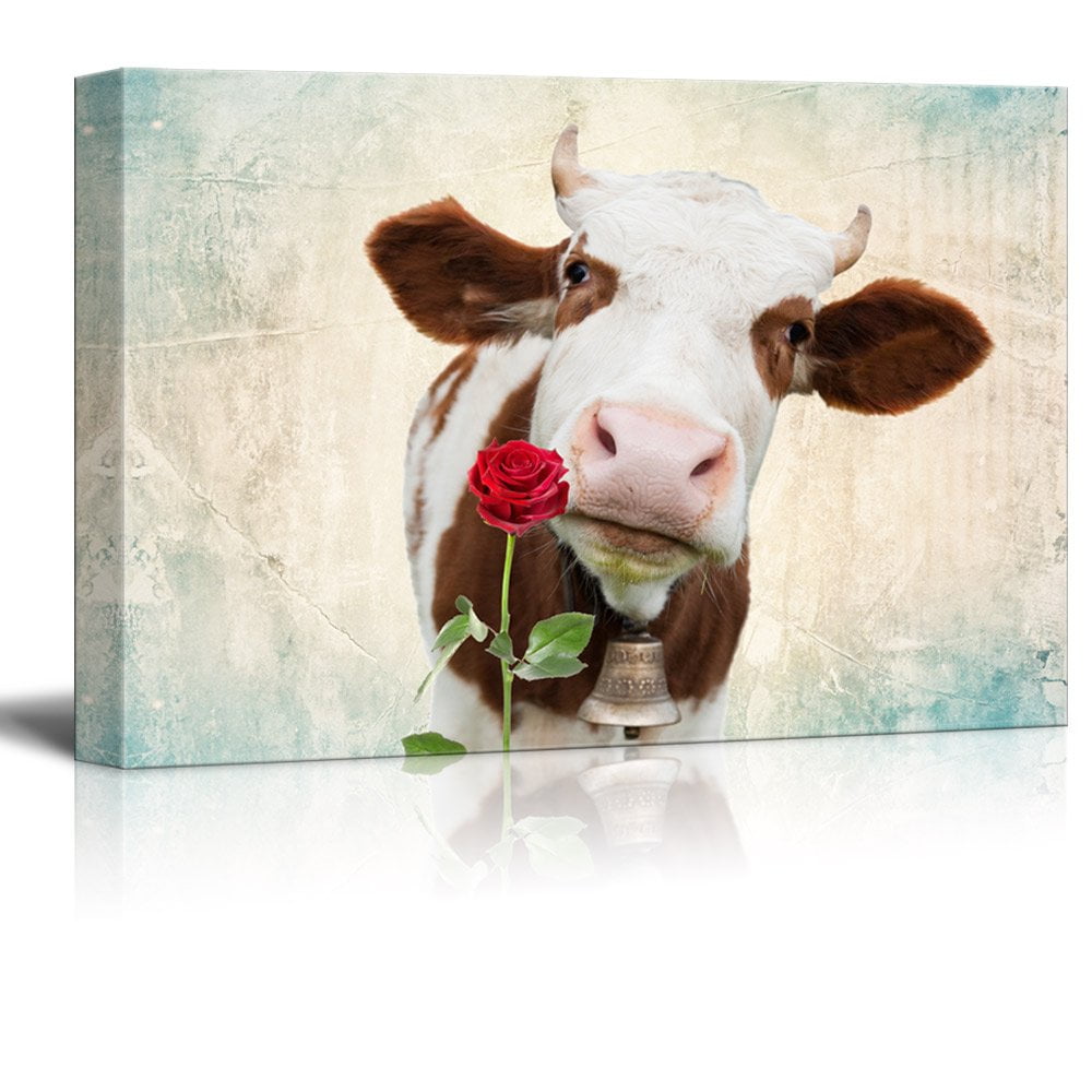 Cow Print Roses wall26 - Canvas Print Wall Art - Milk Cow with a Rose on a Retro Style ...