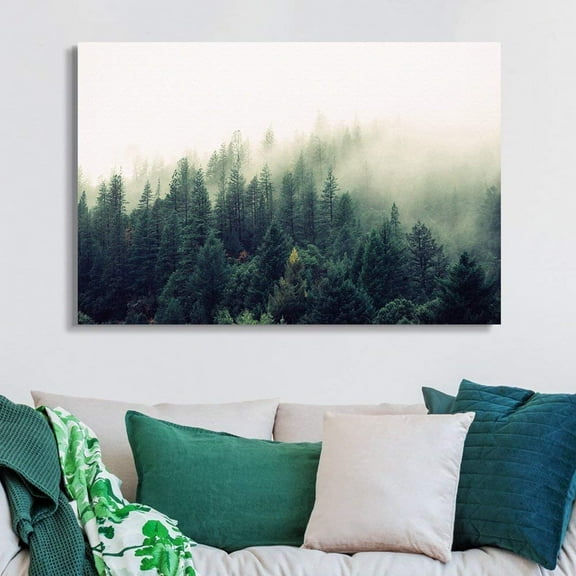 wall26 Canvas Print Wall Art Misty Green Forest Pine Trees in Sunlight Nature Wilderness Photography Modern Art Rustic Scenic Colorful Multicolor for Living Room, Bedroom, Office - 24"x36"