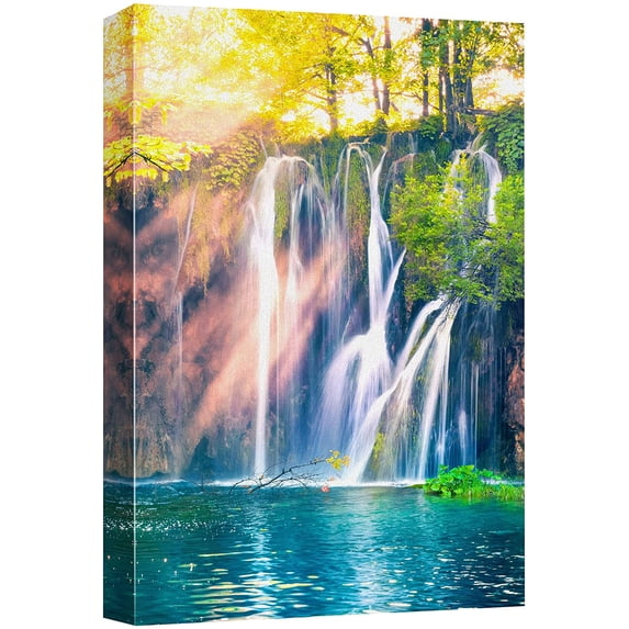 wall26 Canvas Print Wall Art Morning Sunlight Forest River Waterfall Nature Wilderness Photography Realism Decorative Landscape Relax/Calm Zen Multicolor for Living Room, Bedroom, Office - 32"x4